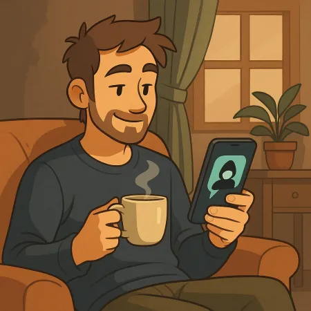 Lalaki na may balbas na nakaupo nang kumportable sa isang upuan, humahawak ng steaming coffee cup sa isang kamay at smartphone sa kabila. Siya ay nakangiti habang tumitingin sa screen, kung saan makikita ang isang anonymous na silweta. Ang loob ay mainit, na may halaman, kurtina at bintana sa likuran