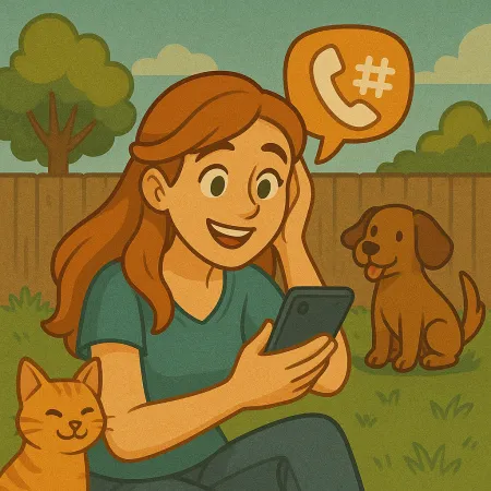 Isang pulang buhok na babae na nakaupo sa damo sa isang hardin, nakangiti habang tumitingin sa kanyang smartphone. Isang orange na pusa ang nakadapo sa kanya at isang brown na aso ang nakaupo malapit. Isang dialog bubble na may icon ng telepono at hashtag ang lumulutang sa itaas niya, na nagmumungkahi ng isang pag-uusap sa telepono.