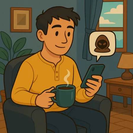 Lalaki na kumportable na nakaupo sa isang upuan, hawak ang isang mainit na tasa ng kape at tumitingin sa kanyang smartphone, na may isang mensahe na nagpapakita ng icon ng anonymous na maskara o hacker, sa isang mainit na sala na may bintana, lampara at halaman.