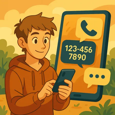 Isang batang lalaki na nakangiti sa hoodie na gumagamit ng kanyang smartphone, na may malaking screen ng telepono sa likuran na nagpapakita ng icon ng tawag at isang pekeng numero ng telepono (123-456-7890), sa isang naka-istilong at mainit na panlabas na tanawin.