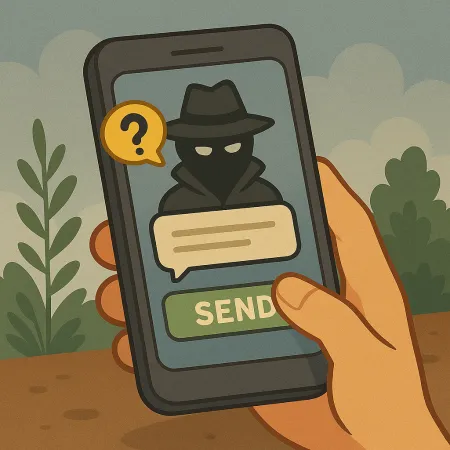 Kamay na humahawak ng smartphone na nagpapakita ng isang nakamaskarang karakter sa raincoat at sombrero, na kumakatawan sa isang anonymous na nagpadala. Isang speech bubble na may tanong na tanda ang nakikita, pati na rin ang berdeng button na may nakasulat na 'SEND', na nagmumungkahi ng pagpapadala ng isang anonymous na mensahe