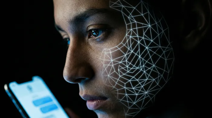 Isang kamay na may hawak na smartphone na nagpapakita ng isang icon ng padlock sa isang interface ng pagmemensahe, na napapalibutan ng isang network ng mga kumikinang na digital na koneksyon sa isang itim na background, na naglalarawan ng seguridad ng data sa mobile.