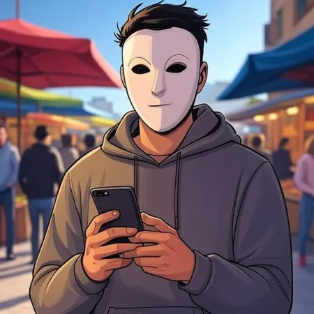 Isang batang lalaki na may animated na estilo na may puting maskara at gray na hoodie, tinitingnan ang kanyang telepono sa isang pamilihan.