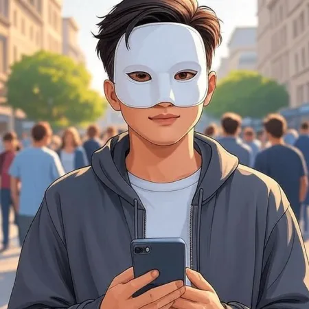Isang batang lalaki na may animated na estilo na nakasuot ng puting mask at gray na hoodie, nakatingin sa kamera habang hawak ang smartphone sa isang matao na kalye.