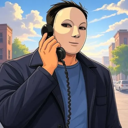 Isang lalaking may suot na puting mask, madilim na jacket at asul na t-shirt, nagsasalita sa receiver ng isang lumang itim na telepono, na may kalye ng lungsod sa likuran.