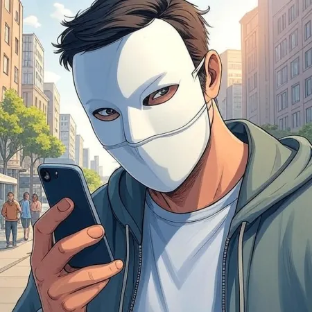 Isang lalaki na may suot na puting maskara at hoodie ang tumitingin sa kanyang mobile phone sa isang kalye ng lungsod. Ang larawan ay ginawa sa istilo ng cartoon o comic.