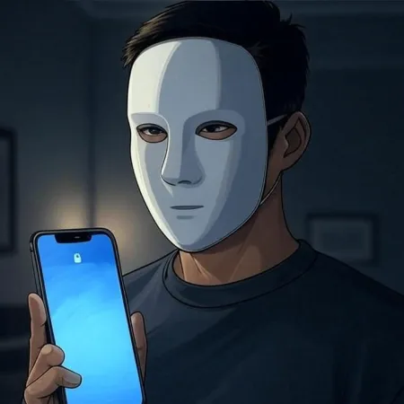 Isang tao na may puting maskara at may hawak na smartphone na may nakabukas na lock screen.
