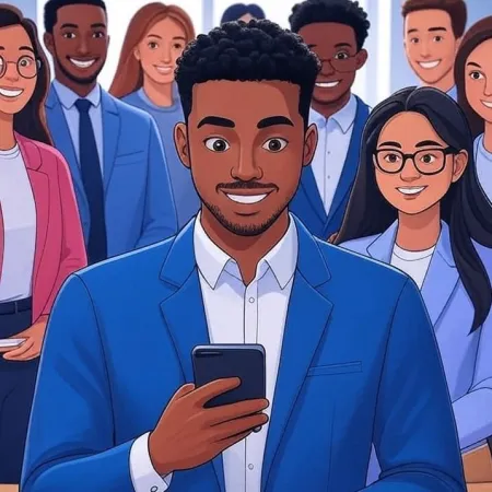Ipinapakita ang isang ngumingiting batang negosyante na itim na nakatingin sa kanyang smartphone, kasama ang kanyang koponan sa background.