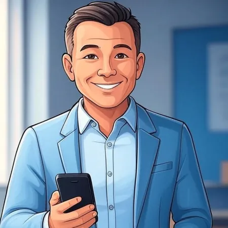 Ipinapakita ang isang ngumingiting negosyante na nakasuot ng asul na suit na may hawak na smartphone.