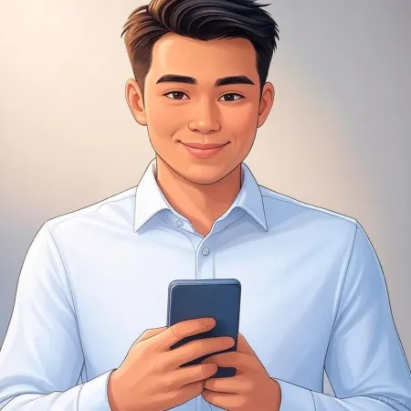 Ipinapakita ang isang masayang negosyante na nakasuot ng asul na suit na humahawak ng smartphone.