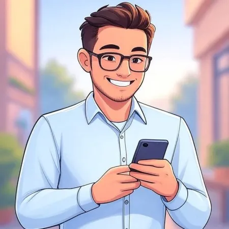 Ngiting batang lalaki na may salamin at asul na kamiseta, nakatingin sa kanyang smartphone.