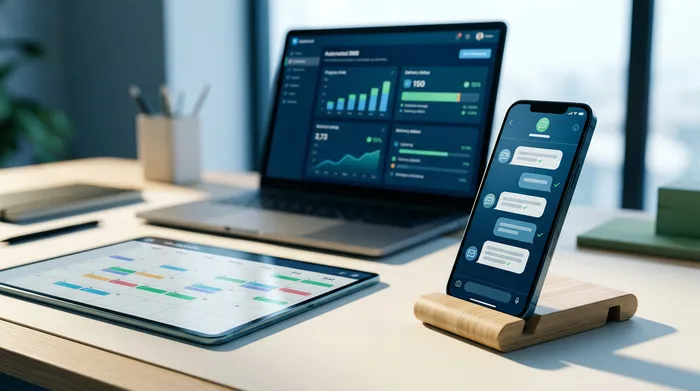 Isang larawang hinati sa dalawang bahagi na nagpapakita ng isang smartphone: sa kaliwa, isang messaging interface na may opsyon para sa pag-iskedyul ng pagpapadala, at sa kanan, isang paalala na notipikasyon sa isang kahoy na desk.