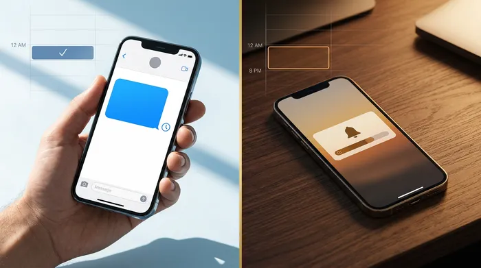 Isang smartphone na nagpapakita ng isang messaging application na nakapatong sa isang counter ng hair salon na gawa sa light wood, na may kasamang mga propesyonal na gunting at mga produktong pampaganda sa background.