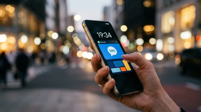 Isang taong may hawak na smartphone na nagpapakita ng isang messaging application, nakaupo sa isang desk na may laptop, isang notebook, at isang tasa ng kape.