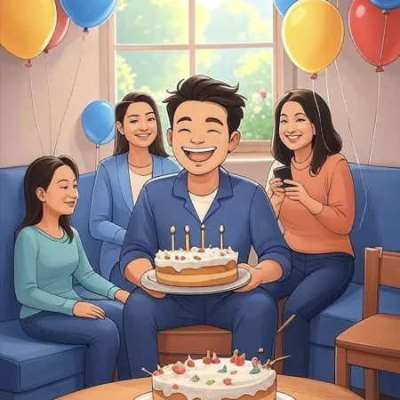 Isang ngumingiting lalaki na may hawak na cake na may limang kandila, napapaligiran ng mga mahal sa buhay sa isang sala na may mga makukulay na lobo.