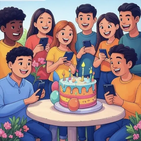 Grupo ng mga batang ngumingiti na nakapaligid sa makulay na birthday cake na may mga kandila, lobo at dekorasyon, habang hawak ang kanilang mga telepono.