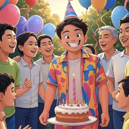Ngiting bata na may sombrero ng pagdiriwang na may hawak na isang natatanging cake na may kandila, napapalibutan ng mga bisita at makukulay na lobo sa labas.