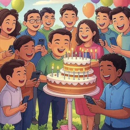Grupo ng mga ngumingiting tao na nakapaligid sa isang malaking cake na may dalawang palapag na may maraming nakasinding kandila, habang kumukuha ng mga larawan gamit ang kanilang mga telepono.