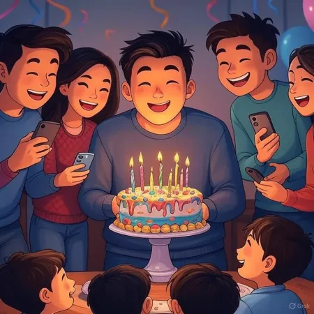 Ipinapakita ang isang kaarawan kung saan isang ngumingiting lalaki ang may hawak na isang cake na may mga nakabukas na kandila, napapaligiran ng mga kaibigan at mahal sa buhay na kumukuha ng mga larawan gamit ang kanilang mga telepono.