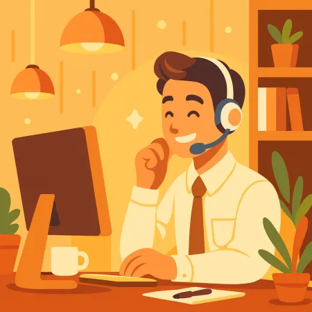 Ilarawan ang isang masayang tao na may headphone na nagtatrabaho sa isang desktop computer sa isang mainit at komportableng kapaligiran na may mga halaman at isang tasa ng kape