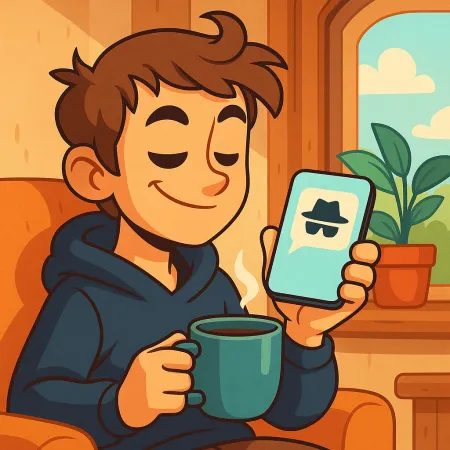 Larawan ng isang batang lalaki na nakangiti, nakaupo nang kumportable na may tasa ng kape, hawak ang isang smartphone na nagpapakita ng icon ng hindi kilalang mensahe na may sombrero at itim na salaming pang-araw