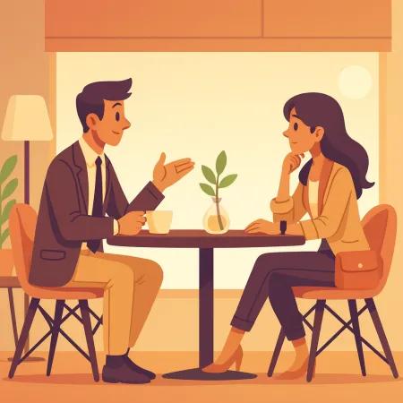 Larawan ng dalawang tao na nag-uusap nang harapan sa isang café, isang lalaki na naka-suit at isang babae na naka-chic casual, na nakaupo sa isang mesa na may maliit na halaman sa gitna.